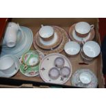 A box of miscellaneous china to include Crown Staffordshire coffee can and saucer,