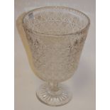 An extremely large cut glass pedestal bowl, on star-cut base (chip to footrim), h.