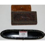 A Victorian papier-mâché spectacle case; together with a 19th century burr yew snuff-box;