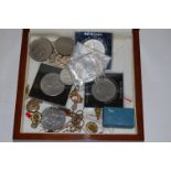 A modern Claire Garnet jewellery box and contents to include; commemorative crowns,