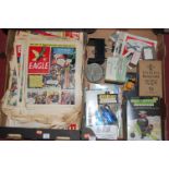 Two boxes of miscellaneous items to include various mid 20th century Eagle magazines,