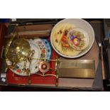 A box of miscellaneous items to include; Arts & Crafts brass spirit kettle on stand,