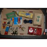 A box of loose playworn diecast vehicles and tinplate to include Basil Brush's car by Corgi,