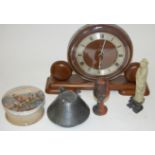 An Art Deco oak cased Metamec electric mantel clock together with a Prattware 'The Shrimpers' pot