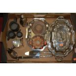 A box of miscellaneous silver plated wares to include; large Victorian tureen and cover on stand,