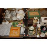 Four boxes of miscellaneous china and glassware to include; Wedgwood green jasper ware candlestick,
