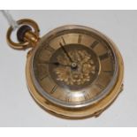 An 18ct gold cased ladies open faced pocket watch having engraved and gilded dial keyless movement,