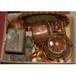 A box of miscellaneous metalwares to include; early 20th century copper cased hanging lantern,