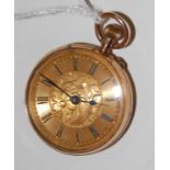 A ladies 9ct gold cased open face pocket watch having engraved gilded dial and keyless movement 3.