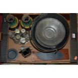 A box of miscellaneous metalware to include; pewter warming plate,