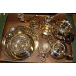 A box of miscellaneous silver plated wares to include; three piece tea service,