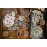 Two boxes of miscellaneous china and glassware to include; Old Chelsea meat plates,