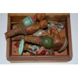 A collection of miscellaneous items to include; novelty carved wooden bottle stoppers,