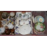 Three boxes of miscellaneous china to include various teapots and covers, J&G Meakin dinnerwares,