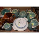 A box of miscellaneous china to include Denby Greeen wheat pattern tablewares