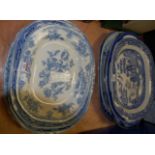 A collection of assorted Victorian and later blue and white transfer decorated meat platters