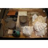 A box of miscellaneous items to include; conch shells, marble obelisk, hip flasks,