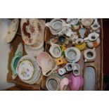 Two boxes of mixed china ware to include large transfer printed cheese dish, various jugs,