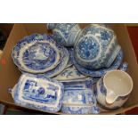 A box of assorted blue and white china to include;