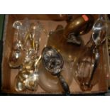 A box of miscellaneous items to include; glass claret jug with silver plated mounts, brass horn,