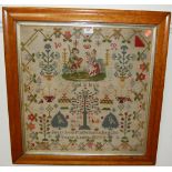 A Victorian picture and verse sampler, worked by Betsy Ann Mabelson, aged 13, dated 1879,