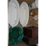 A box of miscellaneous china, glassware etc to include two Japanese lacquered jewellery boxes,