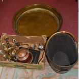 A collection of miscellaneous metalware to include; coopered oak coal bucket,