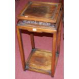 A Chinese hardwood square section two tier urn stand, w.