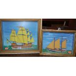 Two contemporary gilt framed and glazed hanging model sailing vessels