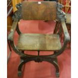 A Spanish figured walnut panelled seat X-framed throne chair,