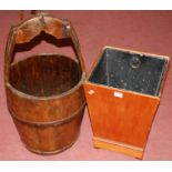 A stained pine and metal bound grain bucket;