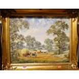 Contemporary school - hay wagons, oil on artists board, indistinctly signed lower left,