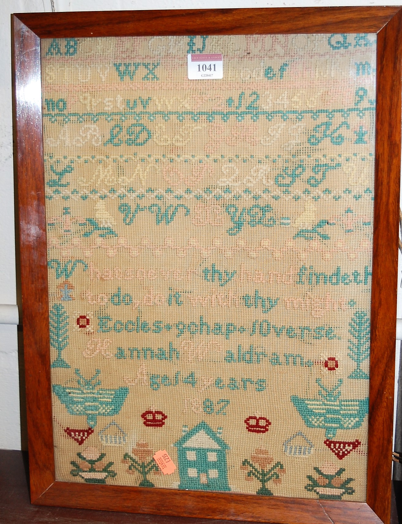 A late Victorian woolwork alphabet verse and picture sampler,