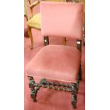 A late 19th century oak barleytwist and pink upholstered pad back and seat single dining chair,