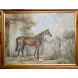 JCT - Bay thoroughbred in his stable, pastel; and one other by the artist of a bay in a stable yard,