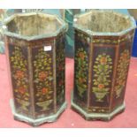 A pair of floral polychrome painted octagonal stick stands