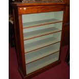 An oak, mahogany and chequer strung freestanding open bookshelf, w.