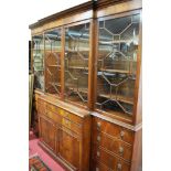 A Georgian style mahogany breakfront secretaire library bookcase,