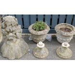 A pair of reconstituted stoneware pedestal jardinieres of campagna form together with a large