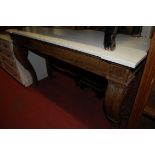 A 19th century French oak and white painted console table, raised on scroll forelegs, w.