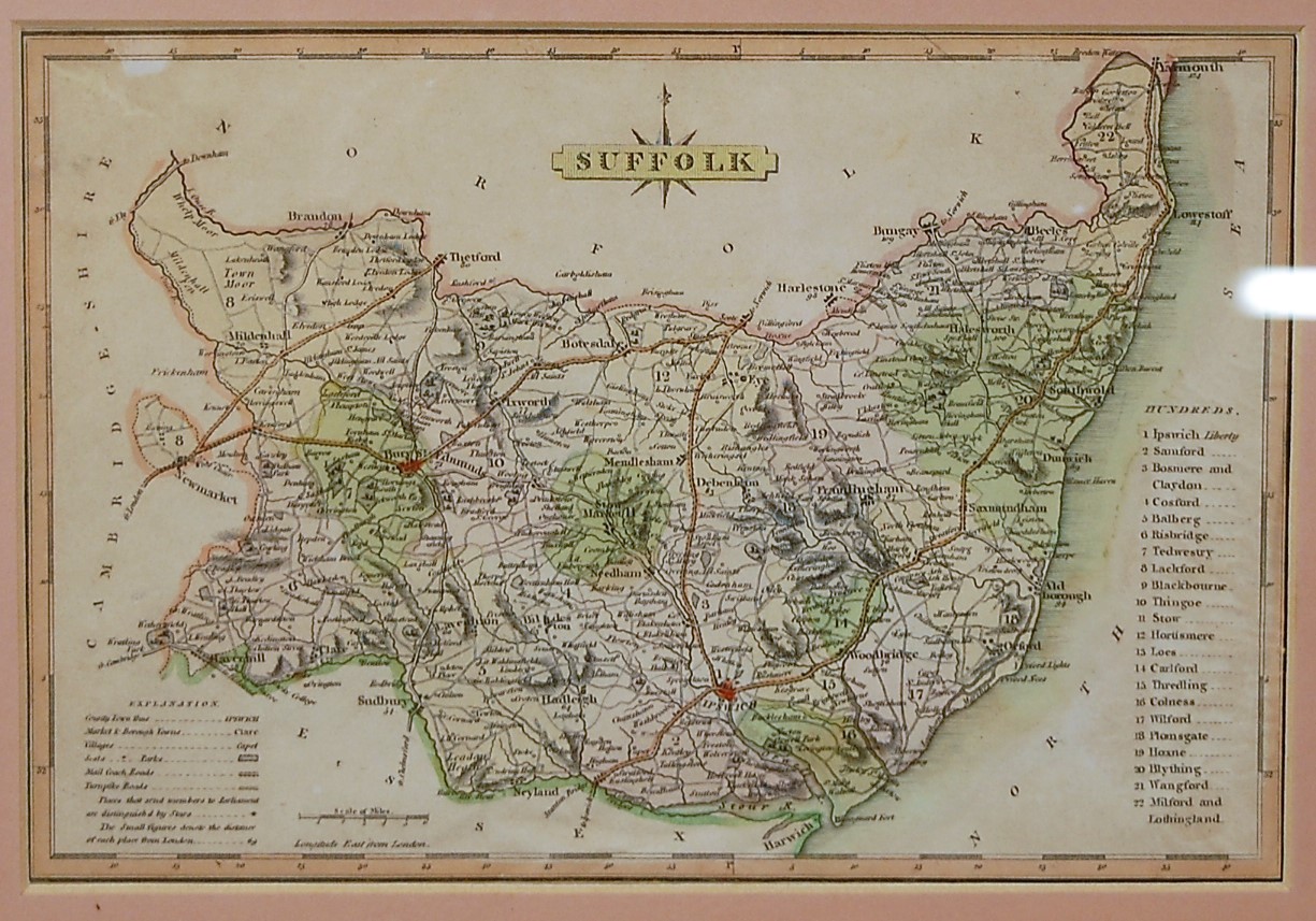 J Archer - engraved county map of Suffolk, later hand coloured with its hundreds,