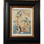Japanese school, woodblock - print of warriors, signed and with studio stamps,