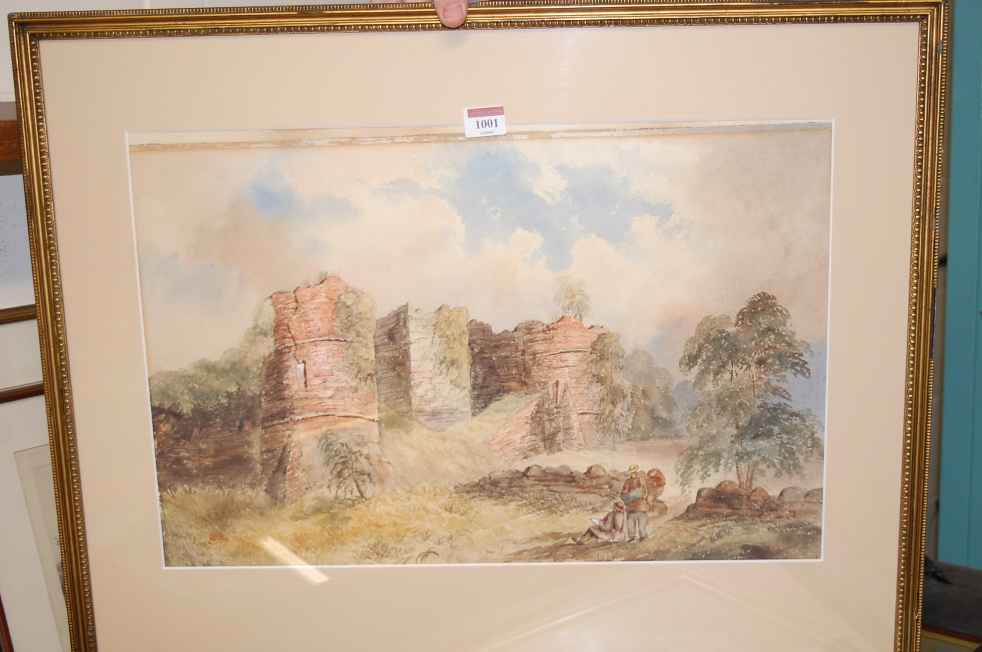 A 19th century school - figures before castle ruins, watercolour,