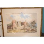 A 19th century school - figures before castle ruins, watercolour,