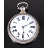 A George IV silver pair cased pocket watch, having a convex white enamel dial with Roman numerals,