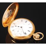 An 18ct gold cased gents half hunter pocket watch, the white enamel dial numbered 8576,