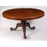 A Victorian figured walnut topped pedestal breakfast table,