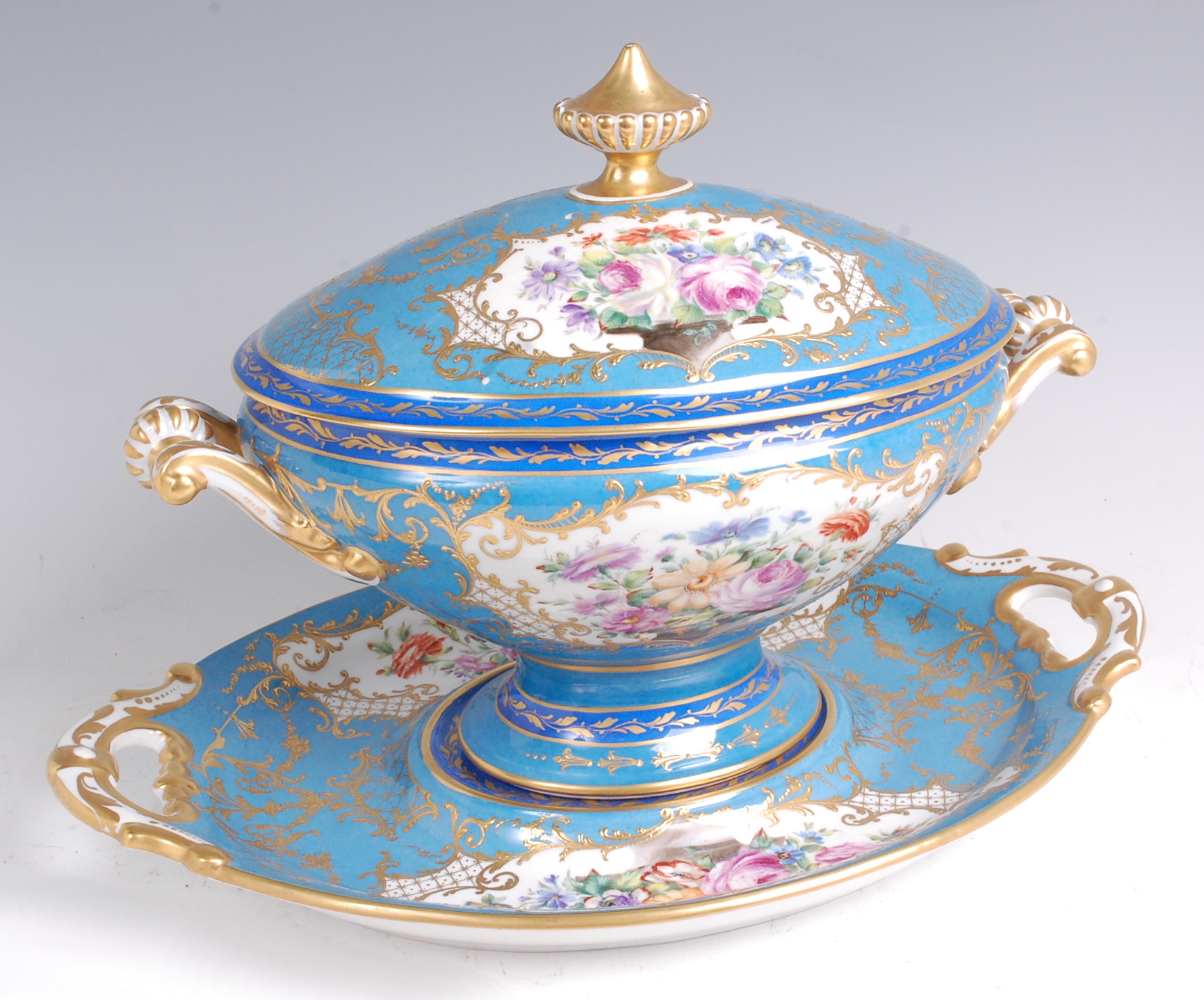 A Limoges porcelain pedestal tureen and cover on stand, decorated by Camille Le Tallec,