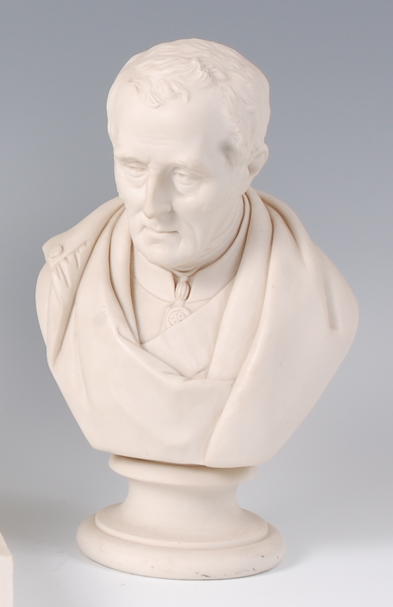 A Joshua Pitts Parian porcelain bust of the Duke of Wellington, raised on a turned socle,