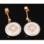 A pair of 18ct gold backed and mother of pearl, diamond point and seed pearl set ear pendants,
